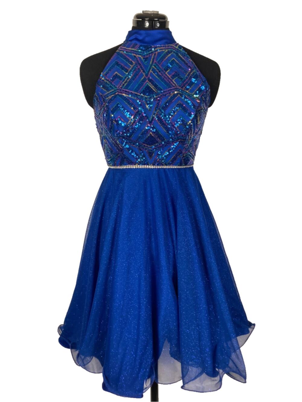 2 S Blue Swing Party Prom Formal Dress Sequin Glitter Halter High Neck fit flare